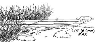 Illustration of a boardwalk trail. The text on the illustration indicates the boards parallel to the direction of travel must be spaced less than one-quarter inch apart.