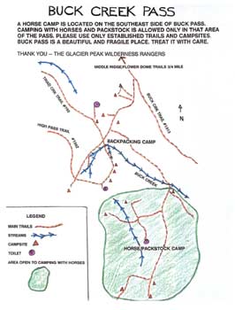 Map of a camp area and the trails, streams, campsites, and toilets in and around it.