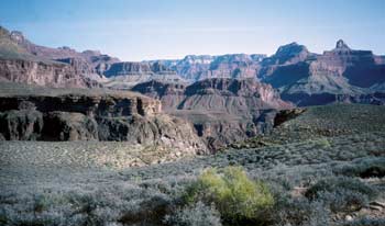 Photo of a desert-like site with canyons and plateaus vegetated with sagebrush.
