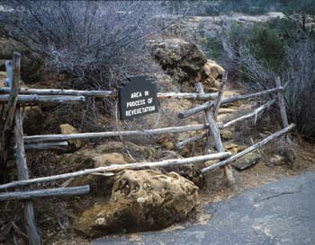 Photo of a sign that reads, AREA IN PROCESS OF REVEGETATION. The sign is secured to a jack fence used as a barrier for a restoration site.