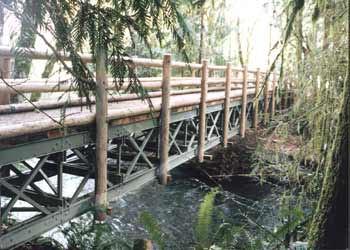 Photo of a deck-truss FRP bridge that uses wood posts for rails.