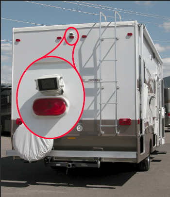 Image of a remote camera on the back of a recreation vehicle.