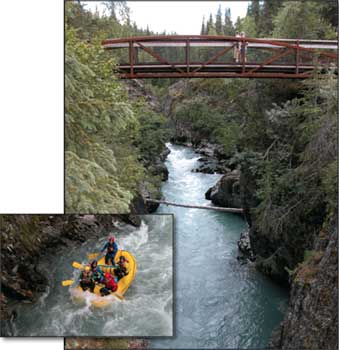 Two photos. The larger is of two people on a bridge over a river. The second is a photo of five people rafting the river.