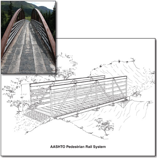 Photo and a drawing of a pedestrian rail system. In the drawing the height of the railing is shown with arrows and labeled 42 inches, and 8 inch typical gap is shown between each railing. Other text included reads: AASHTO Pedestrian Rail System.
