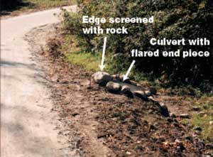 Photo of a trail with a rock culvert. In the photo the text reads, Edge screened with rock and Culvert with flared end piece.