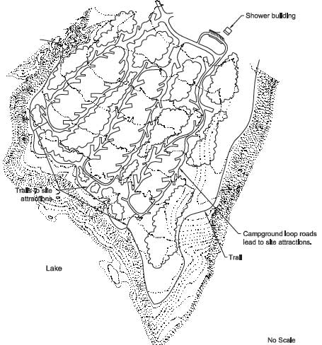 Drawing of how a campground loop is set up around vegetation and drainages. In the drawing the text reads, Shower building, Campground loop roads lead to site attractions, Trail, No Scale, Lake, and Trails to site attractions.