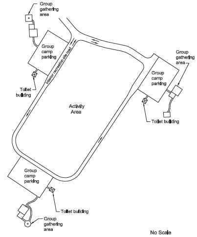 Drawing of a recreation area meant for a couple of small groups or one large group. In the drawing the text reads, Group gathering area, Group camp parking, Interior recreation road, Toilet building, and Activity area.