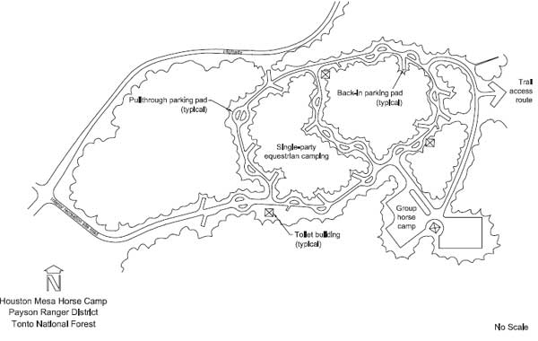 Drawing of the layout of the Houston Mesa Horse Camp. In the drawing the text reads, Pullthrough parking pad (typical), Single-party equestrian camping, Back-in parking pad (typical), Trail access route, Group horse camp, and Toilet building (typical).