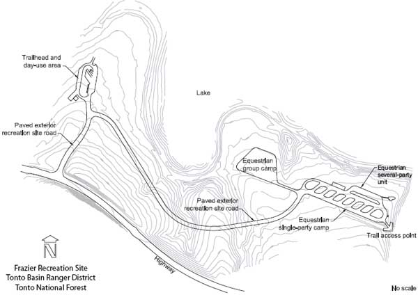 Drawing of the layout of the Frazier Recreation Site. In the drawing the text reads, Trailhead and day-use area, Lake, Paved exterior recreation site road, Equestrian group camp, Equestrian several-party unit, Trail access point, Highway, and Paved exterior recreation site road.