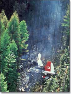 Photo of an aircraft that has crashed in a wooded area.