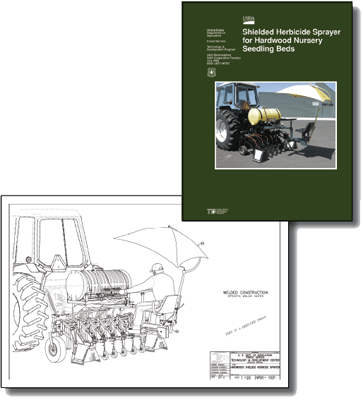 Two photos.  The first photo is the cover to the publication, Shielded Herbicide Sprayer for Hardwood Nursery Seeding Beds.  The second is of a drawing of the sprayer.