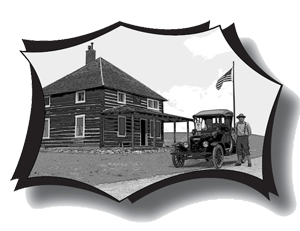 Graphic of an early Forest Service building with a vintage car and man in suspenders in front.