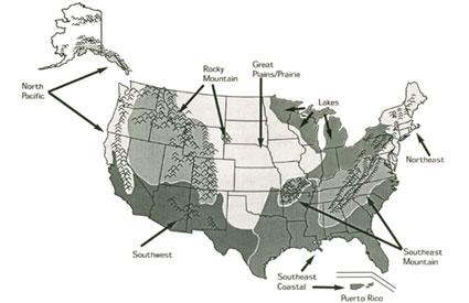 Drawing of the United States showing the different boundaries of the eight Built Environment Image Guide Provinces. Labeled on the map is the North Pacific, Rocky Mountain, Great Plains/Prairie, Lakes Northeast, Southest Mountain, Puerto Rico, Southeast Coastal, and Southwest.