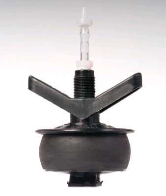 Photo of a rubber pipe plug with a one-way check valve that has replaced the backpack sprayer's cap to reduce leakage.