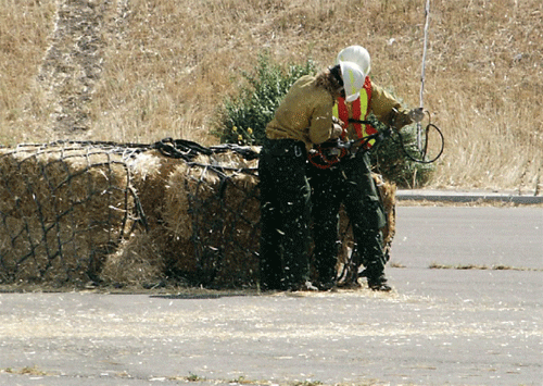Photo of FS employees attaching a loaded net to the helicopter longline.