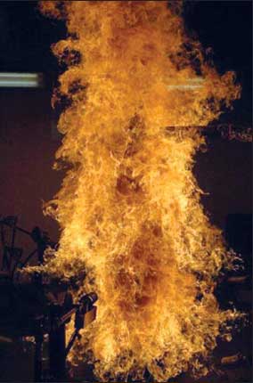Photo of a mannequin that is fully engulfed in flames during the flame engulfment test.