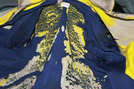 Photo of a mostly melted polypropylene undershirt after the full-scale engulfment test.