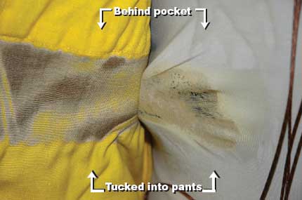 Photo of the Under Armour undershirt after the flame engulfment test. The shirt sustained a significant amount of damage during the test.