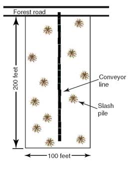 Graphic of the layout for a portable conveyor in the forest. In the graphic the text reads, 200 feet, Forest road, Conveyor line, Slash pile, and 100 feet.