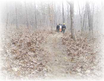 Photo two people walking behind the blower as it clears a path through a leaf covered ground.