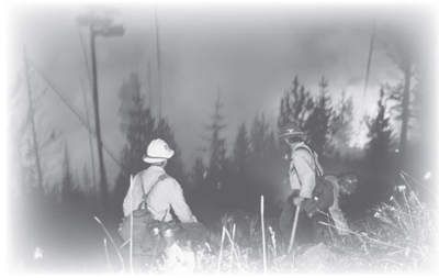 Photo of two firefighers watching a fire burn below them.