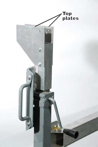 Photo of the jack stand with two top plates attached to it. In the photo the text reads, top plates.