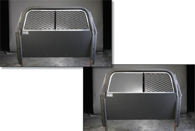 Picture of two manufactured partitions. The top photo shows a partition with a polycarbonate window and half of the window has a metal barrier. The bottom photo has a polycarbonate window as well but the metal window is expanded.