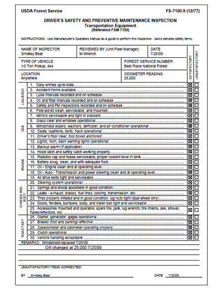 Image of driver's saftey and preventive maintenance isnpection list.