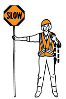 Graphic of a person holding a SLOW sign with one hand and using their other hand to make a up and down movement so motorists travel at a slow pace.