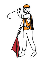 Graphic of a person holding a flag at their side and moving their arm across their body to let traffic know they can proceed.