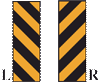 Two rectangular-shaped yellow and black striped signs.  The one on the left slopes down and right and is labelled L.  The one on right slopes down and left and is labelled R.