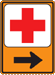 Vertical rectangular sign with an embedded red cross symbol and a black arrow pointing to the right.