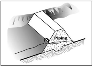 Drawing showing what a sinkhole looks like along with a crack in the foundation labeled 'Piping'.