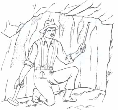 Drawing of a man in a mine single jack drilling into the rock above him.