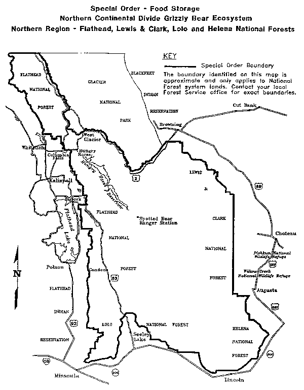 Map entitled Special Order - Food Storage, Northern Continental Divide Grizzly Bear Ecosystem, Northern Region - Flathead, Lewis and Clark, Lolo and Helena National Forests