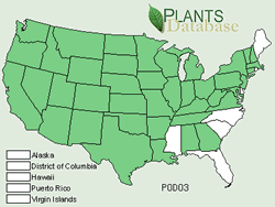 Map of the United States showing states. States are colored green where the species may be found.