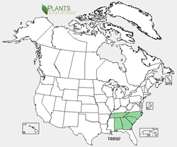 Map of the United States showing states. States are colored green where the species may be found.