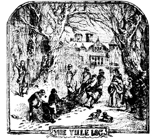 Lithograph of villagers dragging a large log for the Yule log celebration.