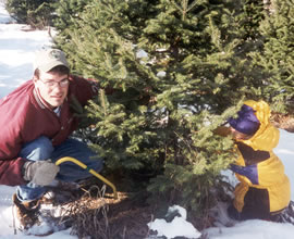 Man cutting a tree with the help of a child.