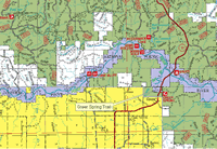 Map of a portion of the Mark Twain National Forest displaying the roads in the Greer Spring Trail area.